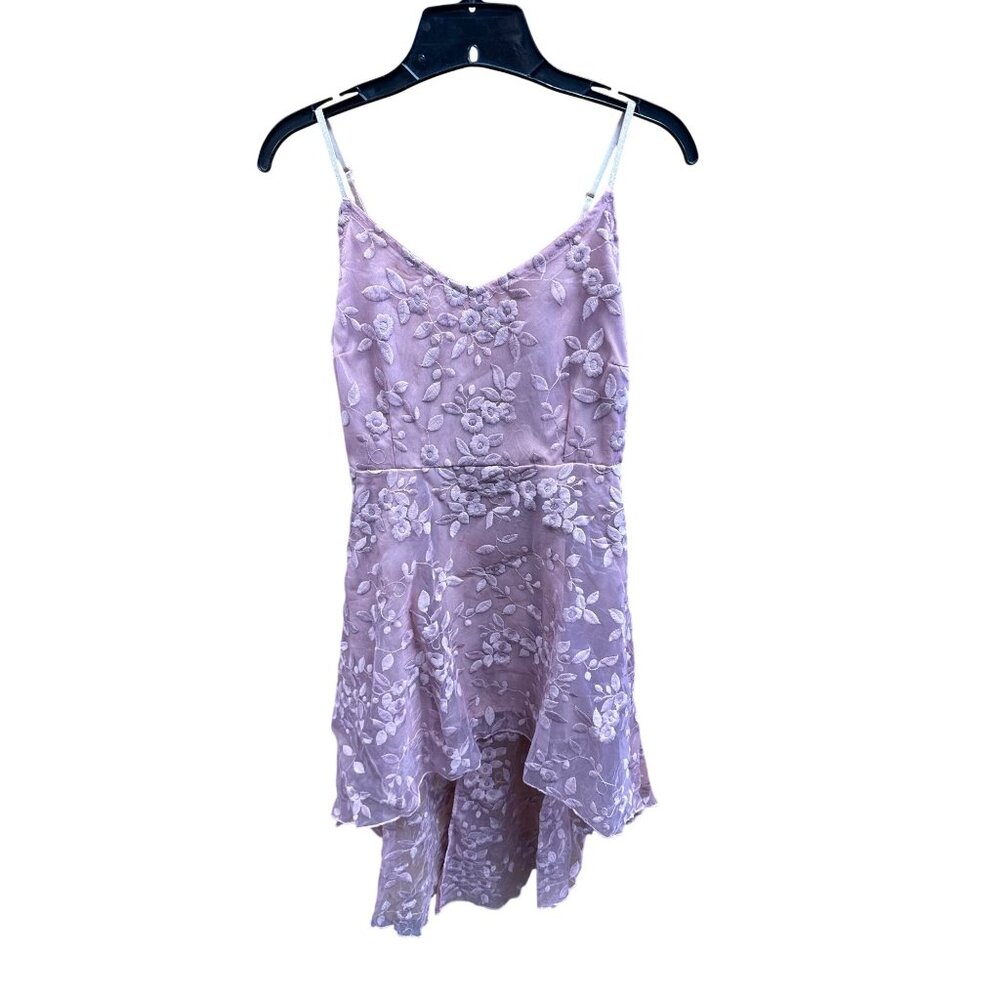 Pink Floral Embroidered High-Low Dress With Spaghetti Straps & V-Neckline Size S